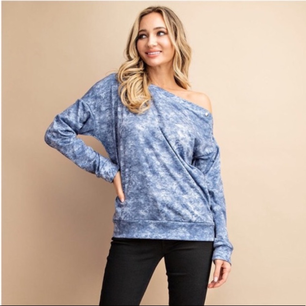 Blue Tie Dye Snap Sleeve Sweatshirt Off Shoulder